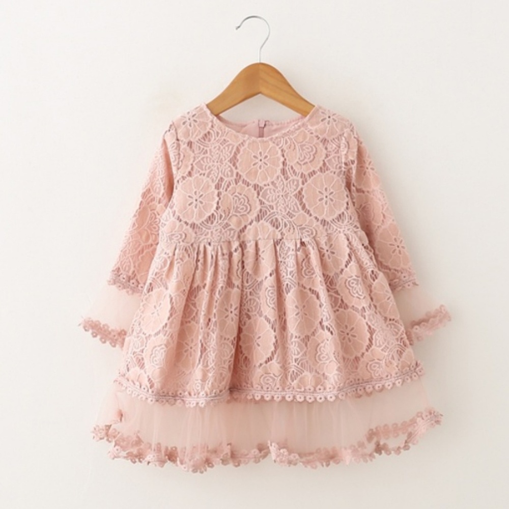 Lace Flower Mesh Splicing long-sleeve Dress